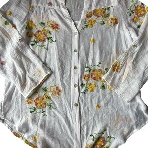 White and yellow Floral Embroidered Women's button up Top